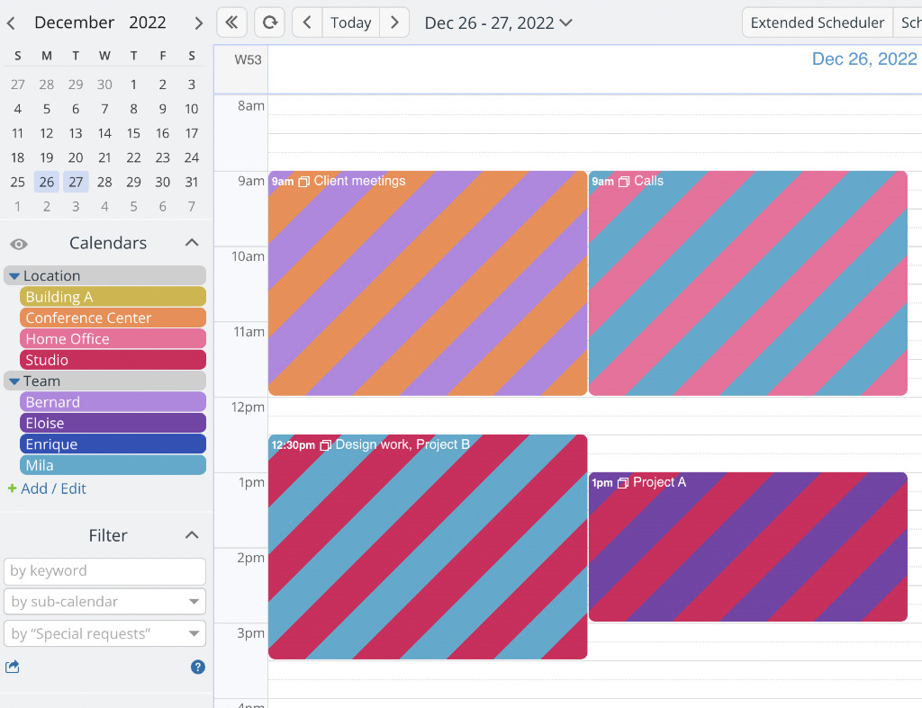 Calendar events assigned to two calendars with colorful striping